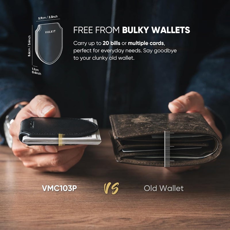 VULKIT Luxury Money Clip Genuine Leather Magnetic Closure Streamline Design Money Clip Wallet, Holds Up to 20 Bills - Image 3